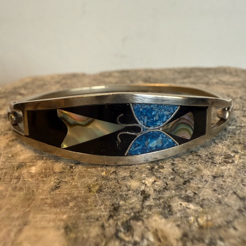 Silver Mother of Pearl with Black and Blue Inlay Bracelet